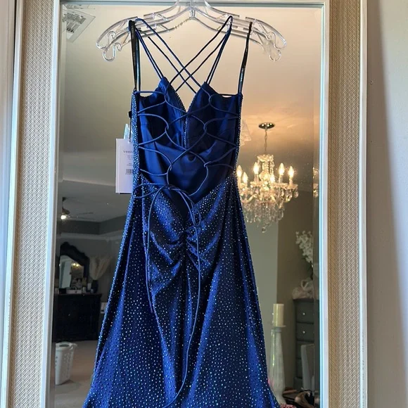 Sherri hill Rhinestone embellished jersey gown deep V neckline and lace up back. - Picture 13 of 17